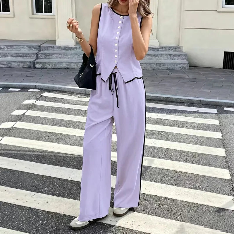 2026 New Multi Color Contrast Edge Tank Top and Trousers Suit Ladies Sleeveless Waistcoat Loose Pants Daily Travel Streetwear
