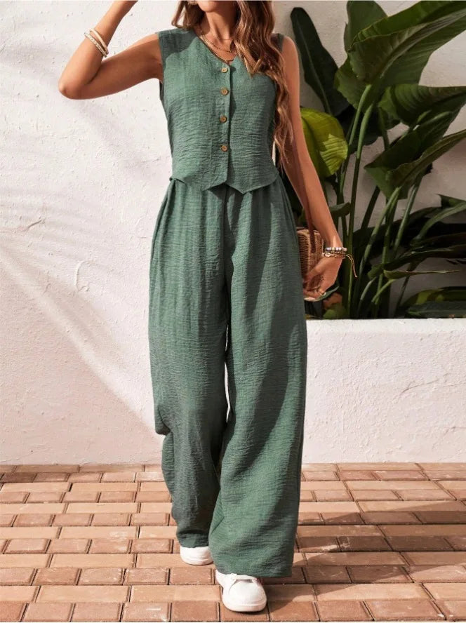 Two-piece Ladies Set 2026 Summer New Versatile Sleeveless V Neck Vest Tops Suits Fashion Casual Loose Tops Wide Leg Pants Sets