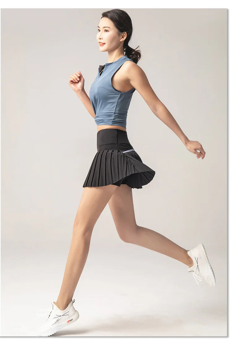 Summer Women Sports Anti Exposure Pleated Golf Tennis Skirts Fitness High Waist Elastic Athletic Run Shorts With Pocket