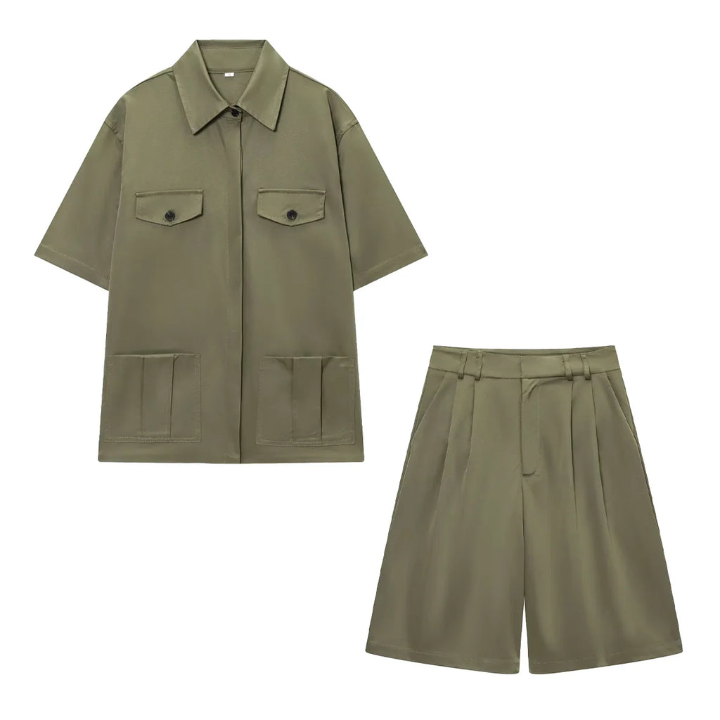 HH Women Summer Solid 2-Piece Set Button Pocket Decoration Short Sleeve Lapel Shirts+High Waist Pleated Zipper Casual Shorts