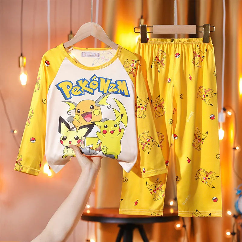 Children's Pyjamas Pikachu Set Kids Sleepers Boys Girls Cartoon Long Sleeve Sleepwear 3-14T Teenage Home Clothes Pajama Pijama