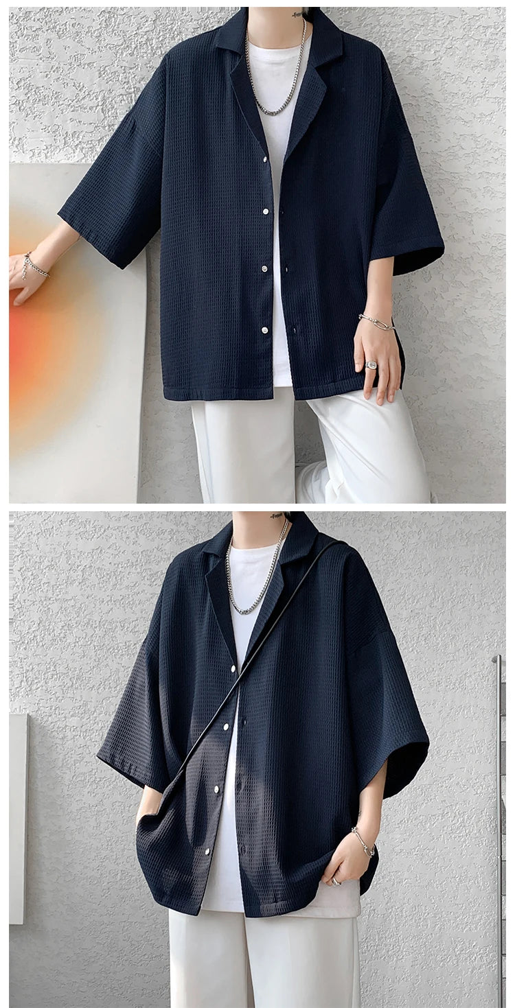 LEGIBLE Spring Summer Solid Shirts Men Casual Oversized Three Quarter Shirts Male Loose Fit Shirt for Man