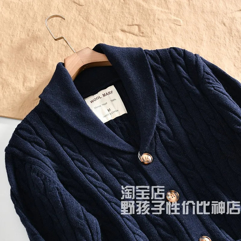 100% Wool Men's Scandinavian Style Shawl Collar Cardigan Nordic Knit Sweater Jacket for Autumn/Winter