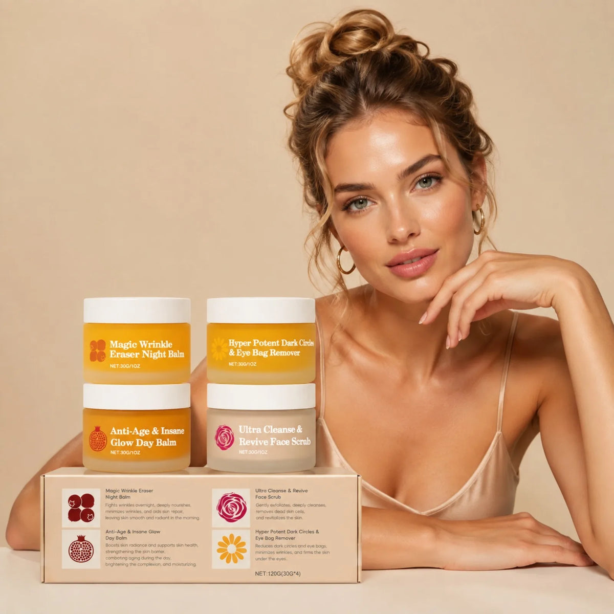4in1 Day Night Facial Cream Set for Day Balm Night Balm Eye Cream Face Scrub Dull Rough Skin Travel Skincare Kit