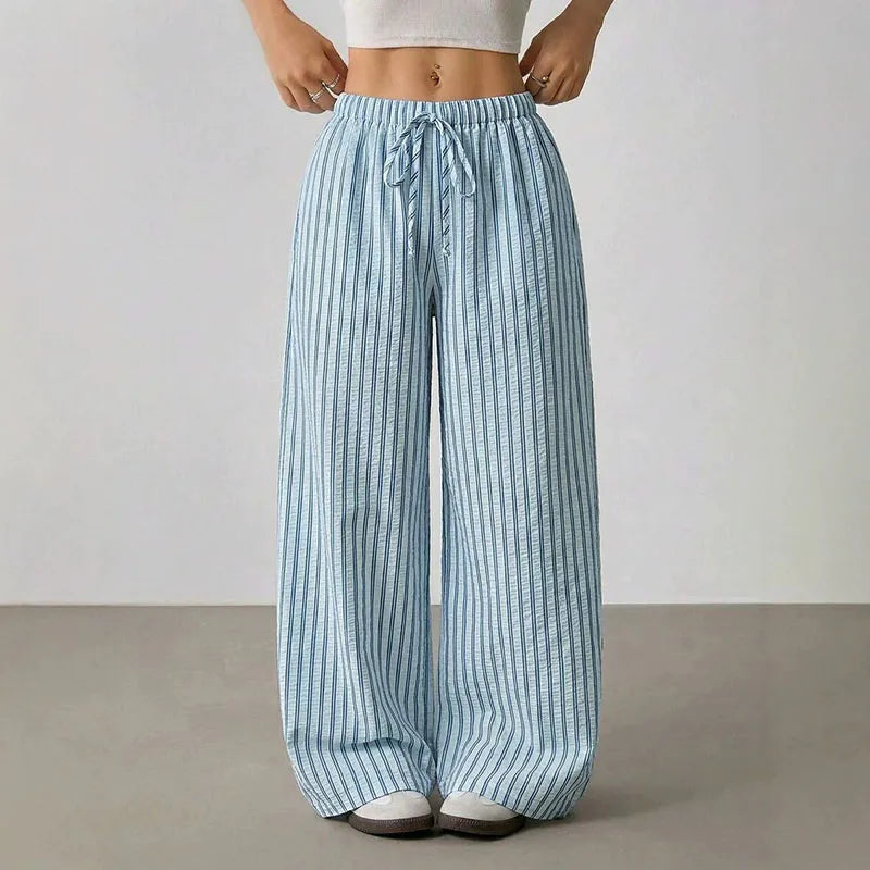 Women's Casual Striped Wide-Leg Pants   Summer Commute Fashion Drawstring Elastic Waist  Versatile Relaxed Straight Leg Trousers