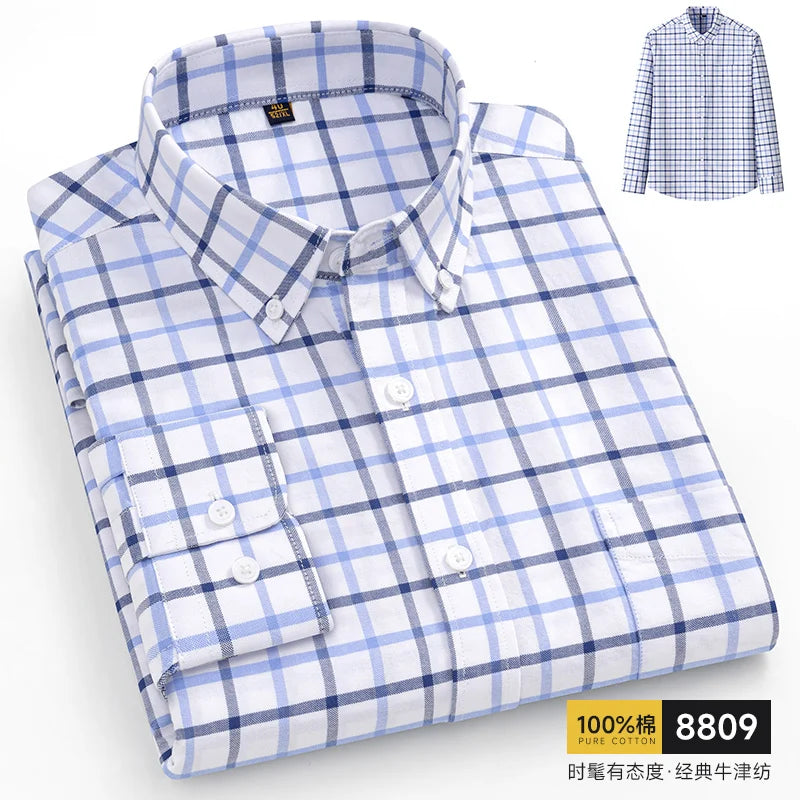 Men's Oxford Pattern Shirt Long Sleeve Big Size S-11XL Cotton Slim Fit Business Casual Traditional Shirts Easy Care Comfort