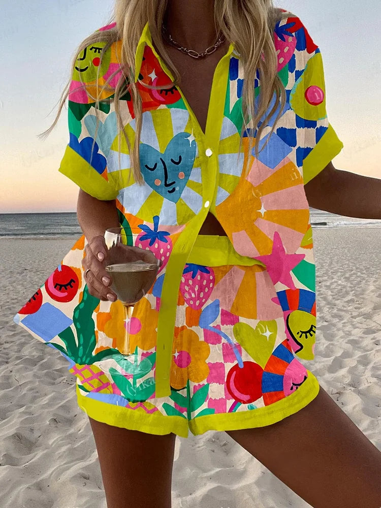 Fashion Women's Beach Holiday 2-Piece Suit Summer Print Short Sleeve Shirt Wide Legs Short Loose Two-Piece Sets Women Outfit