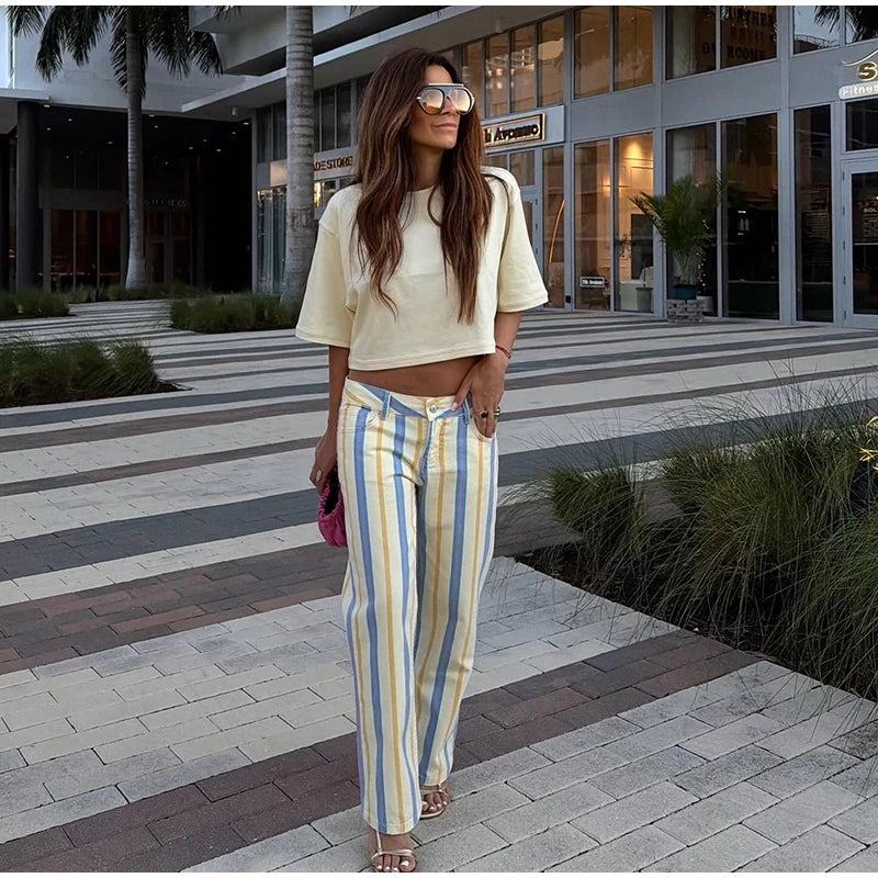 Women Striped Trousers Curved Knife Jeans  High Waist Contrasting Color Loose Versatile Casual Long Pants Women's Aladdin Pants