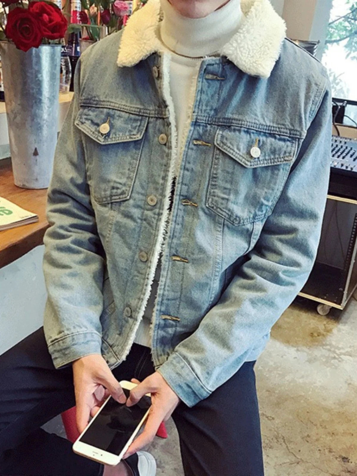 Thickened Fleece Winter Jacket for Men Youth Casual Style Long Sleeve Denim Coat with Stand Collar Button Closure Slim Fit