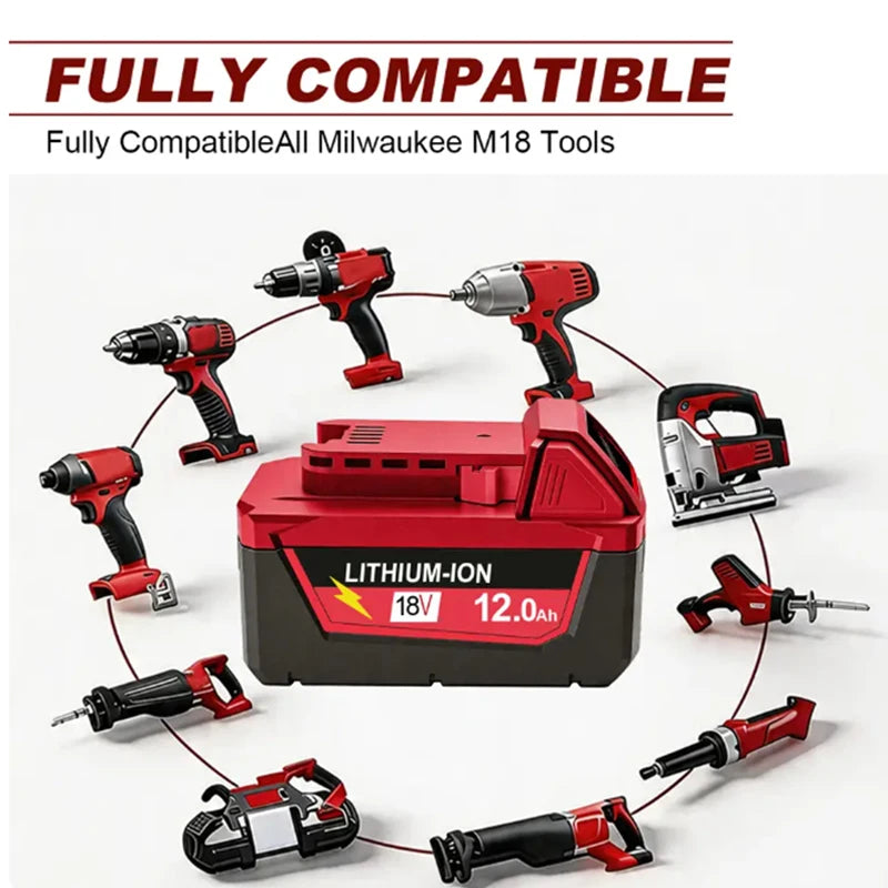 M18 For Milwaukee 18V Power Tool Battery, Charger BR XC M18B5 48-11-1860, Built-in 18650 Power Tool Battery 6.0Ah/9.0Ah/12.0Ah