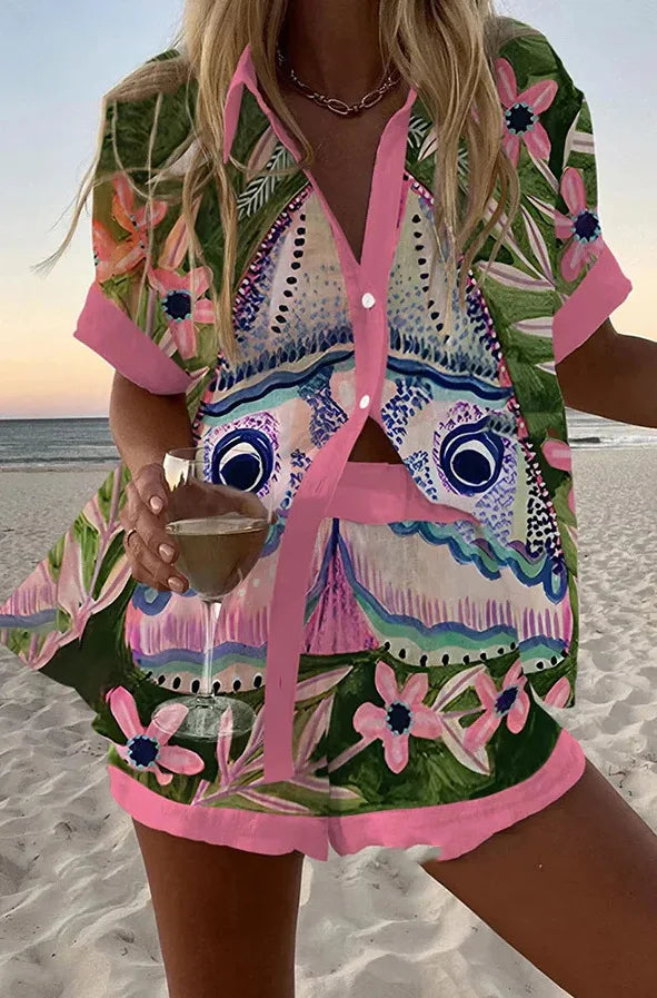 Women Summer Fashion Shorts Sets Retro Print Sleeve Shirt Shorts Suit New Casual Loose Female Beach Vacation Shorts 2 Piece Set