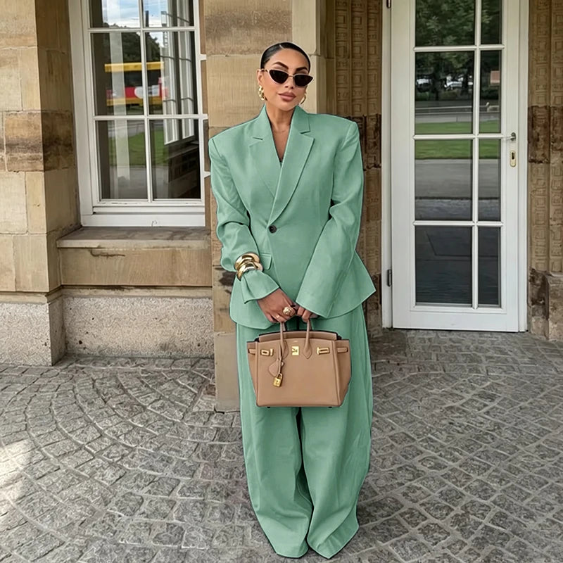 Chic White Wide-leg Pant Single Breasted Women Pants Set New Female Two Pieces(Blazer+Trousers) Conjuntos Femininos Elegantes