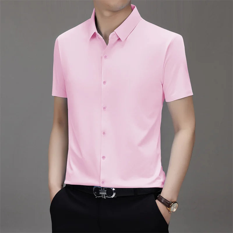 New Men's Business Casual Solid Color Short Sleeved Shirt for Summer Fashion No Ironing Comfortable and Versatile Top
