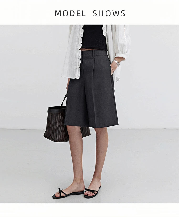 High Waist Suit Short Pants Women's Casual Loose Straight Leg Pants Summer Five Parts Outwear Comfortable Polyester Fiber