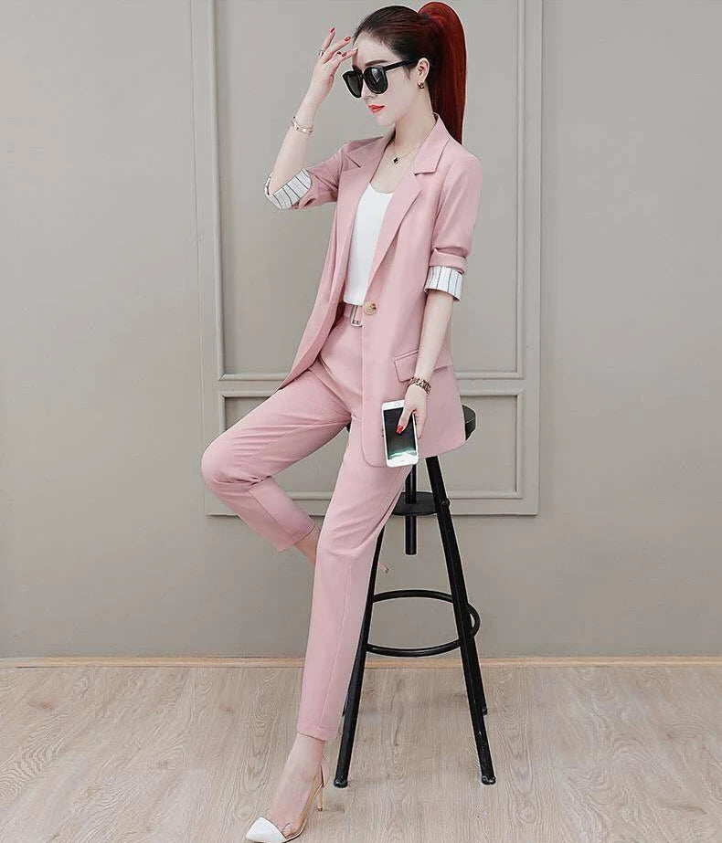 Two Piece Set Pants for Women Professional Trouser Suit Blazer and Womens 2 Pant Sets Top Outfit Wear To Work Office Pink Classy
