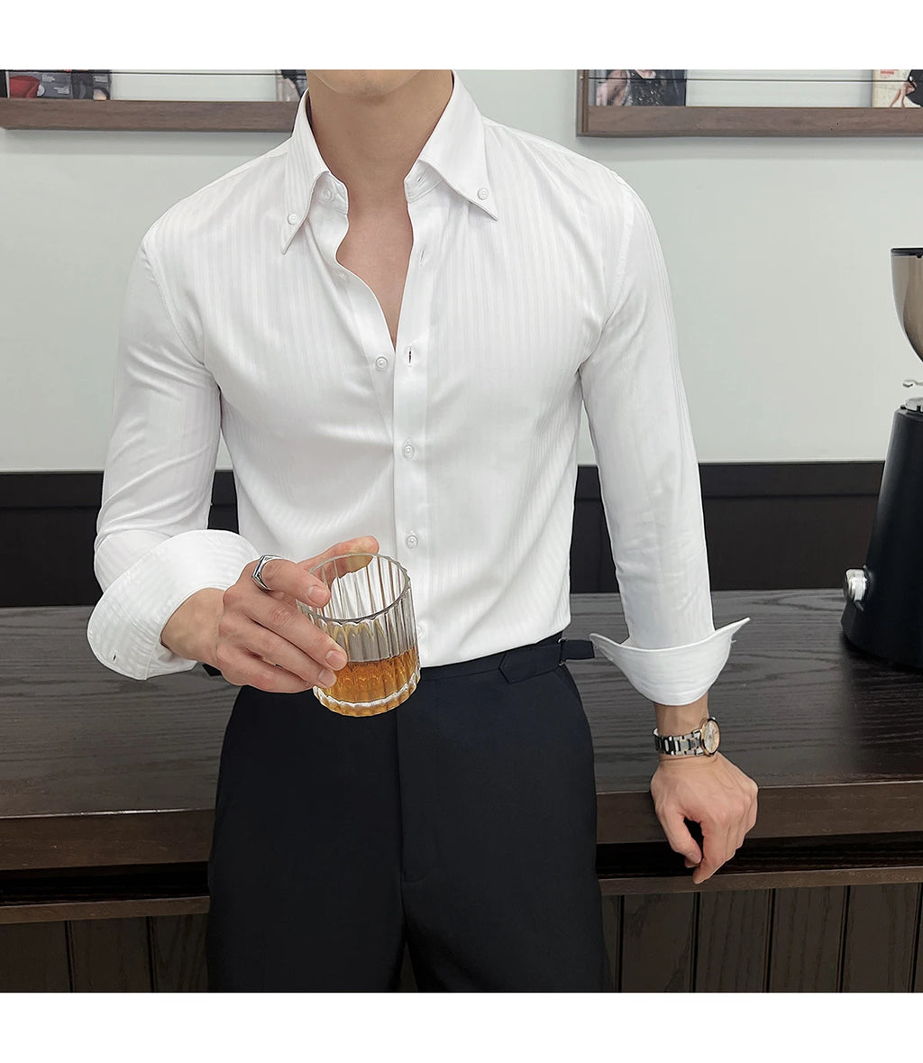 High-quality autumn men's new long-sleeve dark striped slim-fit shirt business casual formal workwear M-4XL