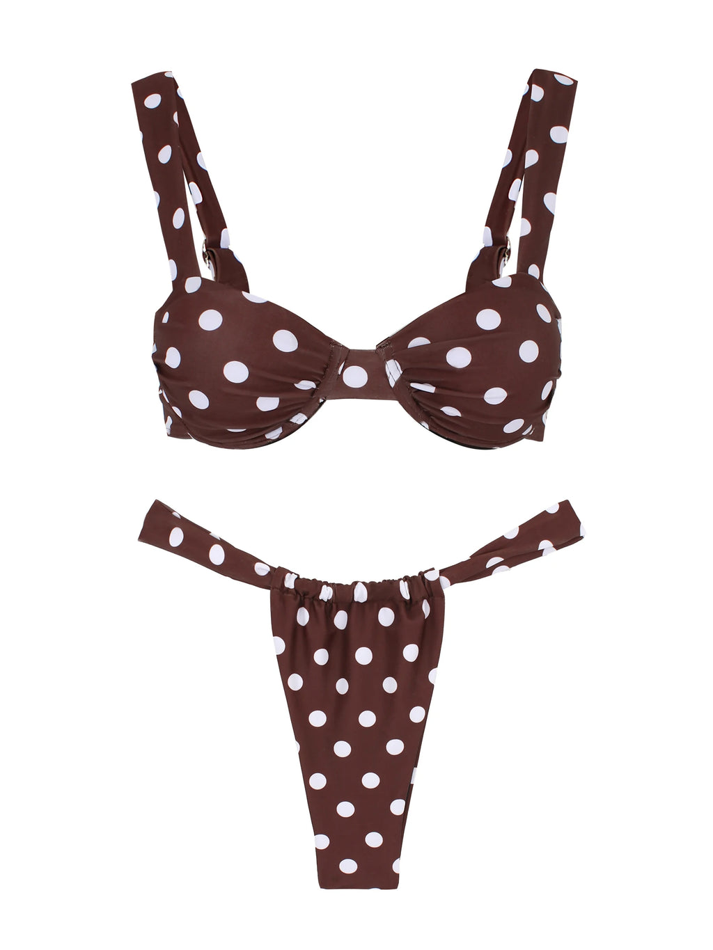 Retro Brown Dot Bikini Sexy Off Shoulder Swimwear Women High Cut Thong Biquini Set Luxury Summer Vacation Beach Bathing SuitK337