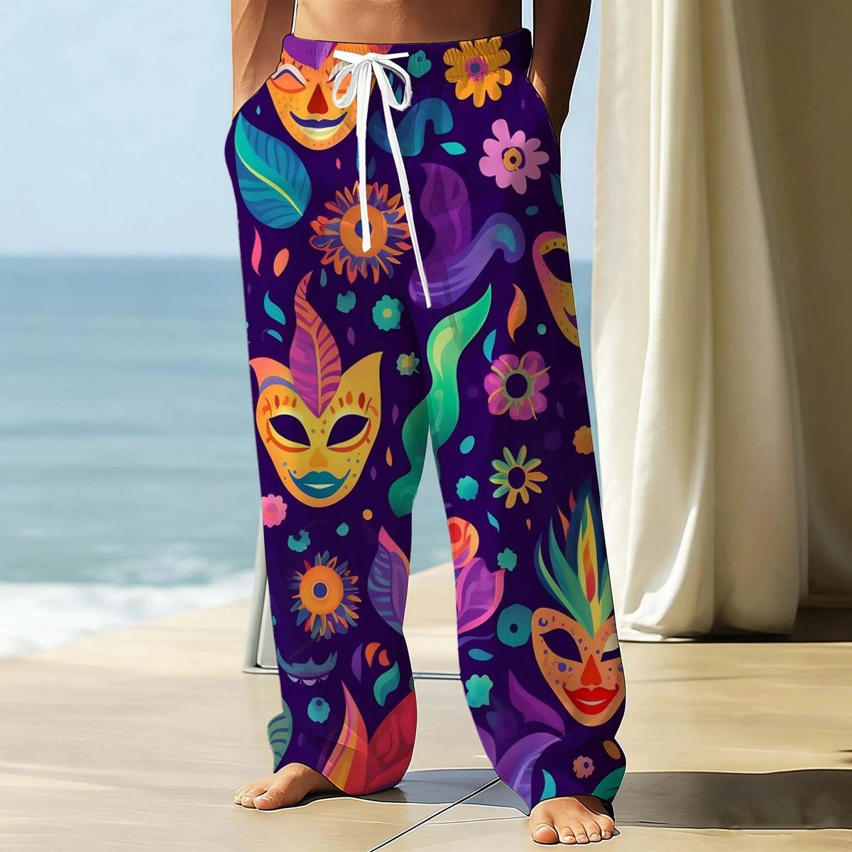Mardi Gras Men's Pants Carnival mask Graphic Print With Drawstring Pockets Summer Casual Fall Outdoor Stylish thin Men Pants
