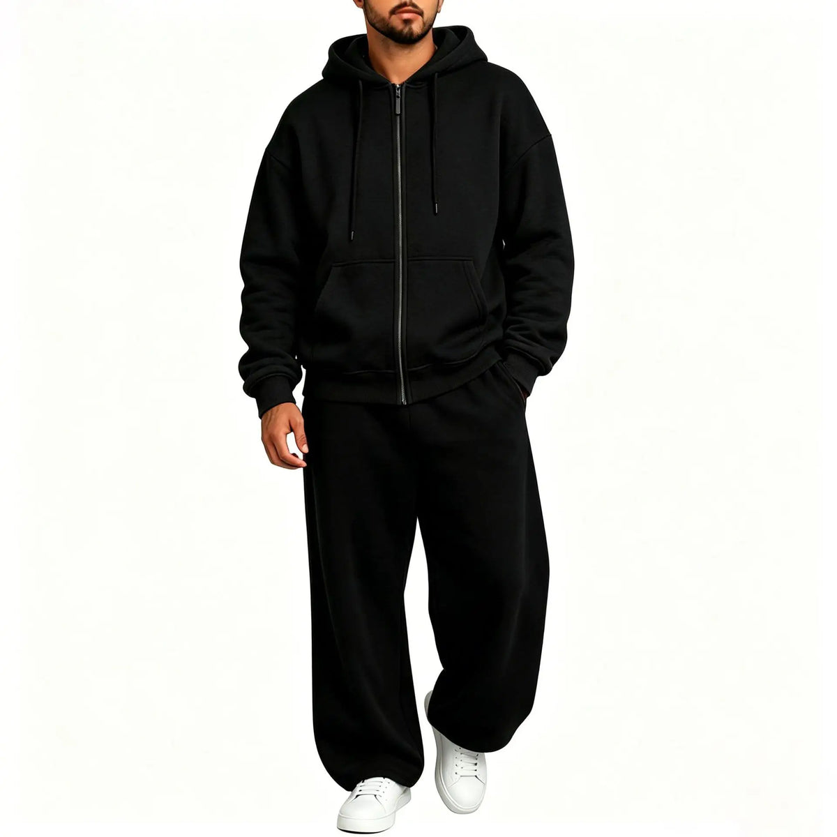 Men Full Zip Hoodie Set Kangaroo Pocket Drawstring Wide Leg Pants Loose Casual Two Piece Sports Outfit Set