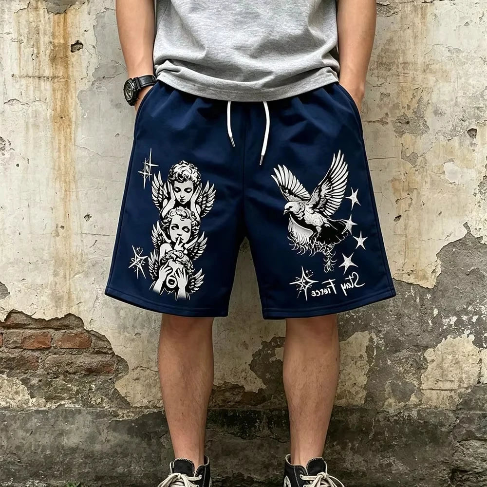 European American Summer Retro Little Angel Letter Print Comfortable Breathable Drawstring Men Shorts Outdoor Casual Pants Moto