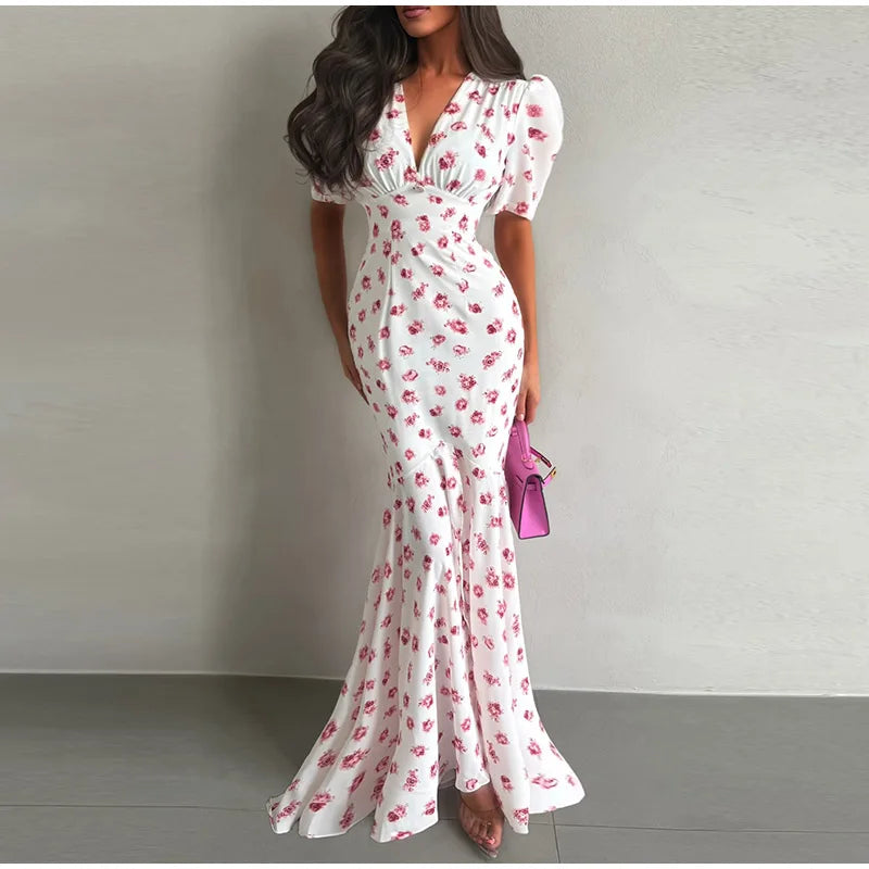 Slim Printed Waist-cinching Fishtail Dress 2026 Summer New Ladies Sexy V-neck Short Sleeve Split Long Robes Women's Party Gowns