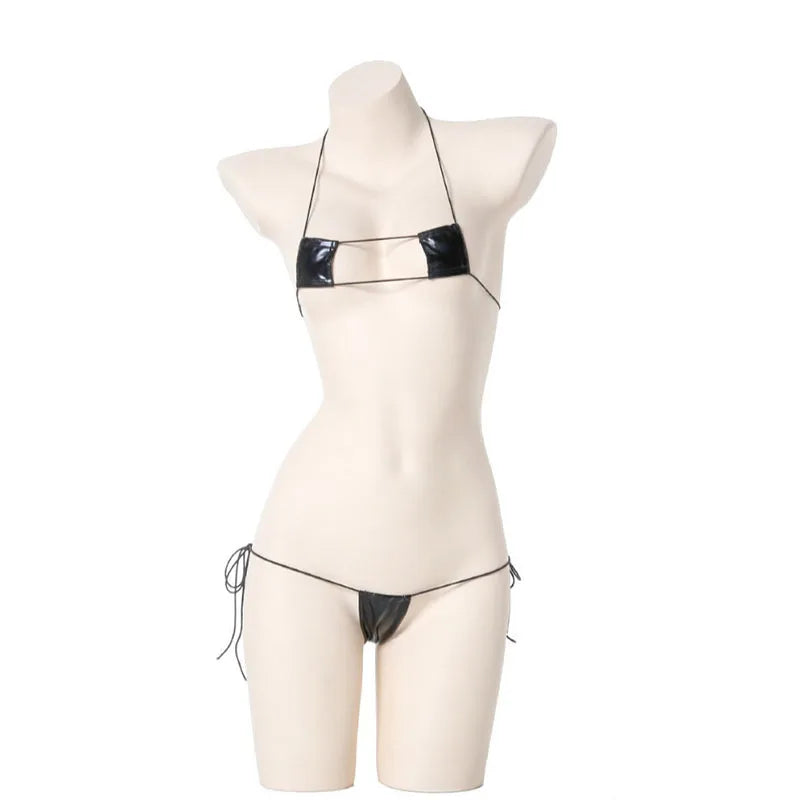 Summer Beach Womens Micro Mini Bikini Set Women Sexy Underwear Temptation Leather Lace-Up Bra Outfit Costumes Cosplay Swimsuit