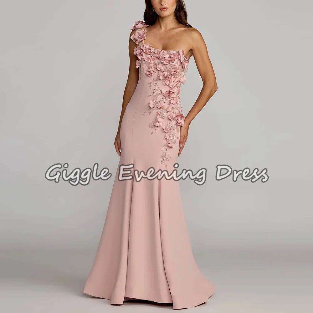 Elegant Women's Formal Evening Dresses Exquisite Beading Handmade Flowers One-Shoulder Mermaid Crepe Long Prom Party Gowns