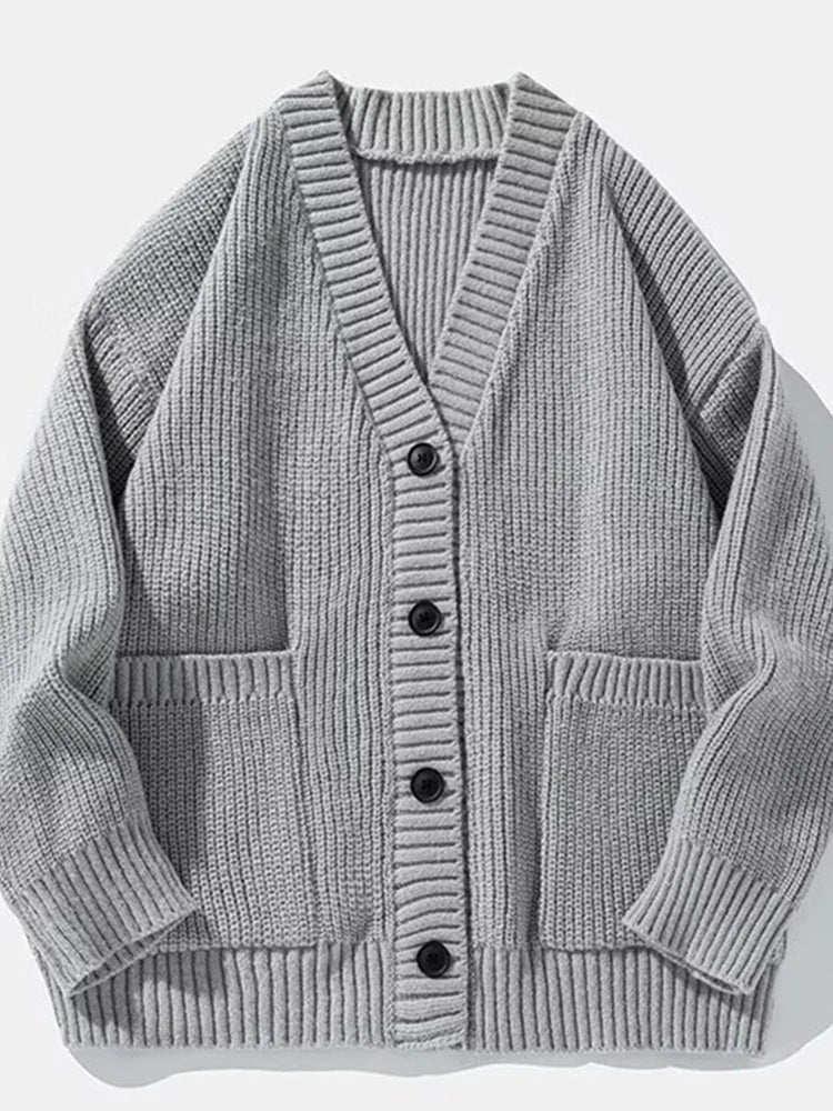 Autumn Men's Casual Textured Pockets Cardigan Y2K Vintage Streetwear V-neck Knitted Sweaters Korean Fashion Cardigans Hombre