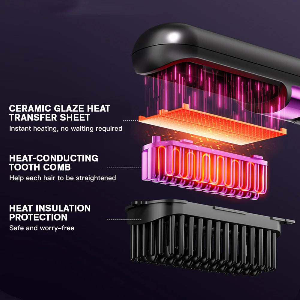 Portable Hair Straightener Cordless Comb with Negative Ion Fast Heating Rechargeable Brush for Straightening and Curling