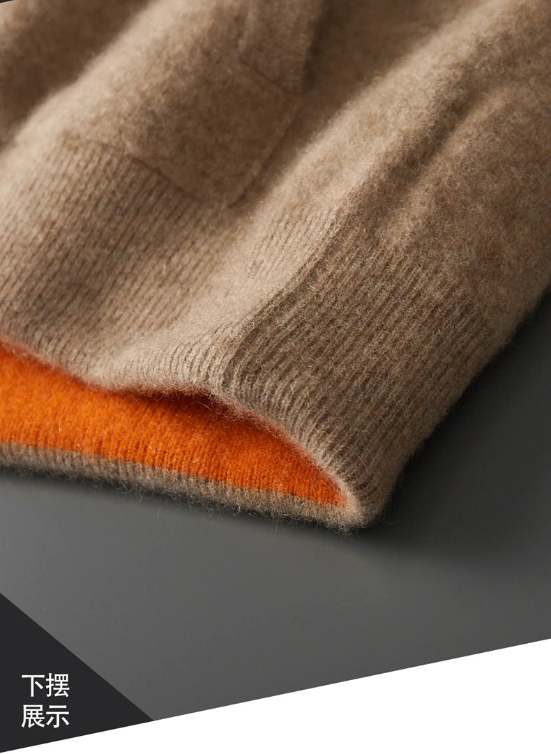 New Men's 100% Merino Wool Double Sided Wearable Hooded Sweater Casual Autumn Winter Coat Long Sleeved Men's Wool Sweater Tops