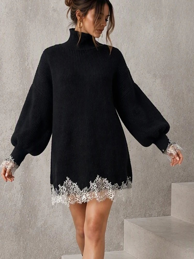 Women's Black Knitted Turtleneck Sweater Dress Lace Splice Mini Dress Fashion Spring Autumn Vintage Casual Retro Loose Dress