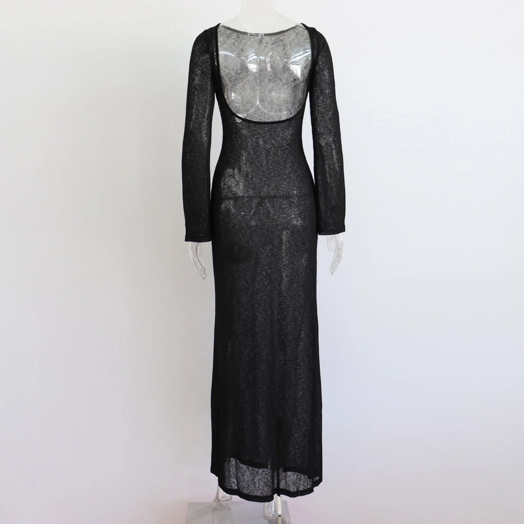 Women Summer Mesh Wrapped Dress Long Sleeve Round Neck See Through Sunscreen Solid Color Backless Beach Long Dress