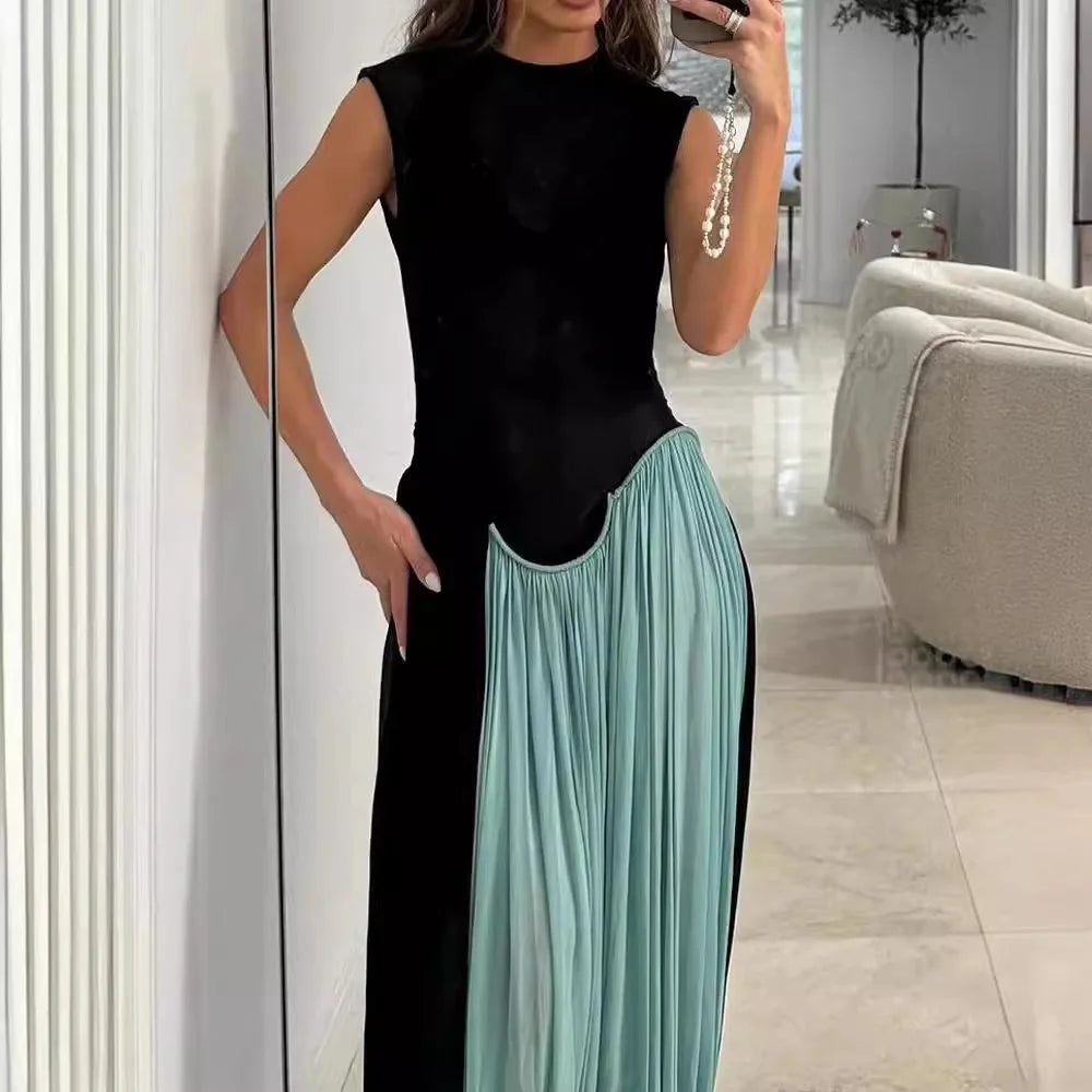 DSMTRC Women Vacation Clothing Vestidos Elegantes Para Mujeres Black Mesh Sheer Patchwork Blue Long Luxury Dress For Summer
