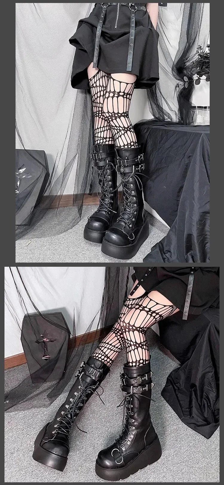Motorcycle Boots Platform Boots for Women Wedges Knee High Black Lace Up Fashion Goth Gothic Boots Punk Shoes Girls Winter