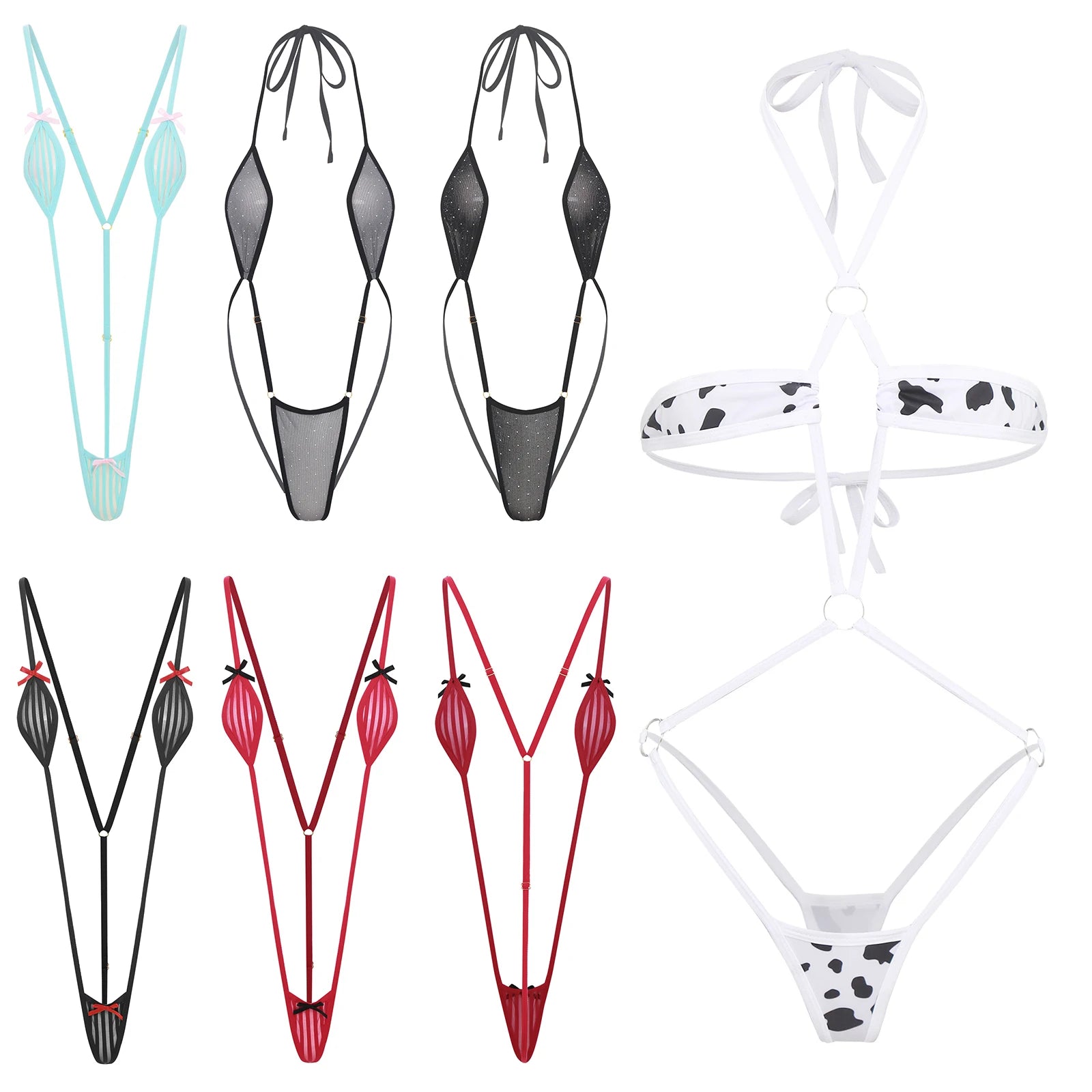 Women Micro Bikini Bodysuit Halter T-back Adjustable Swimsuit One-piece Lingerie Nightwear Summer Sexy Mesh Monokini Swimwear