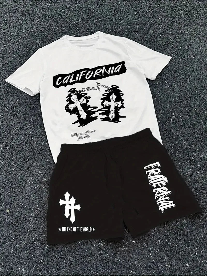 The 2025 Summer New Men's Set Features Street Hip-Hop Casual Fashionable Comfortable and Soft 3D Cross Pattern Print