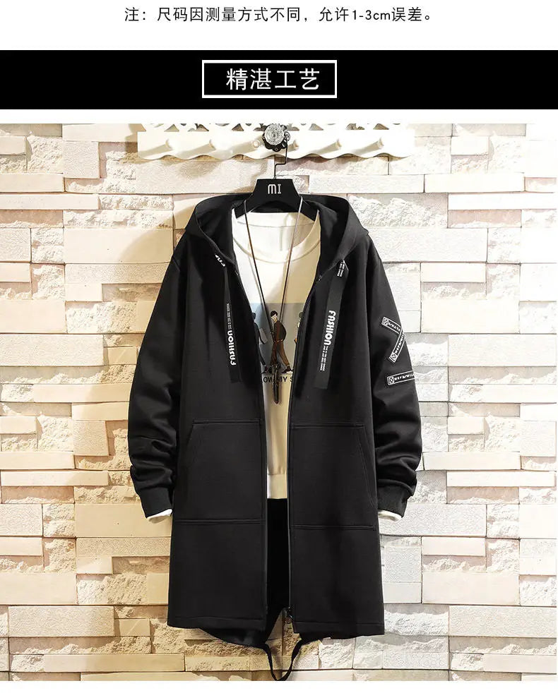 2025 Mens Hooded Trench Coat Mid Long Windproof Jacket Outerwear Autumn Winter New Fashion Windbreaker Coat Parka Male