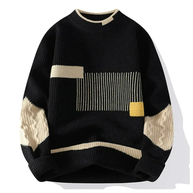 KIDWHXR 2026 Autumn Winter Men Sweaters Contrast Color Round Neck Male Knitted Tops Loose Long Sleeve Man Casual Pullovers