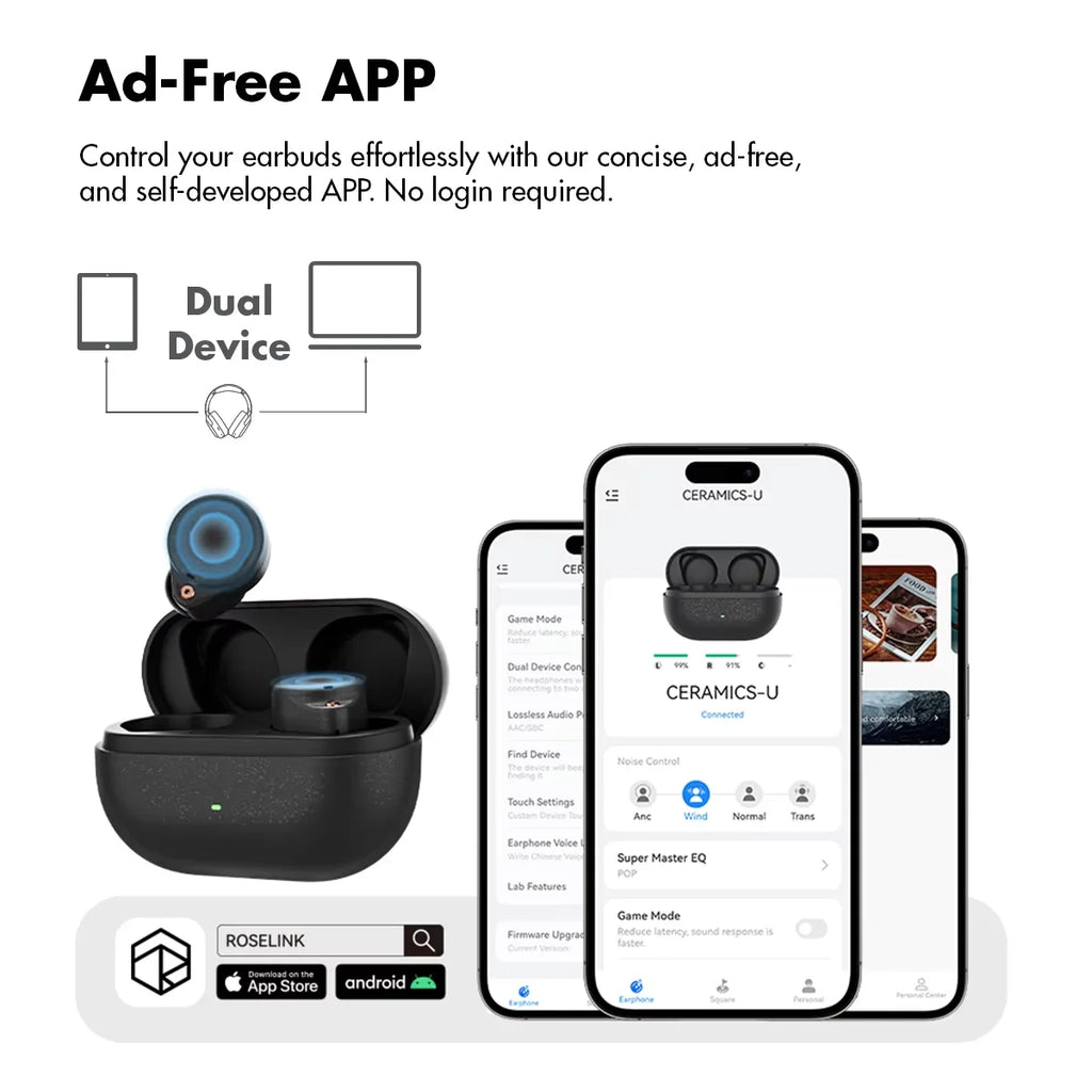 ROSESELSA Ceramics Ultra True Wireless Earbuds, Hi-Res LDAC/LHDC Audio, HR+ Planck Driv，50dB Hybrid ANC Earphones,4 Mic AI Call