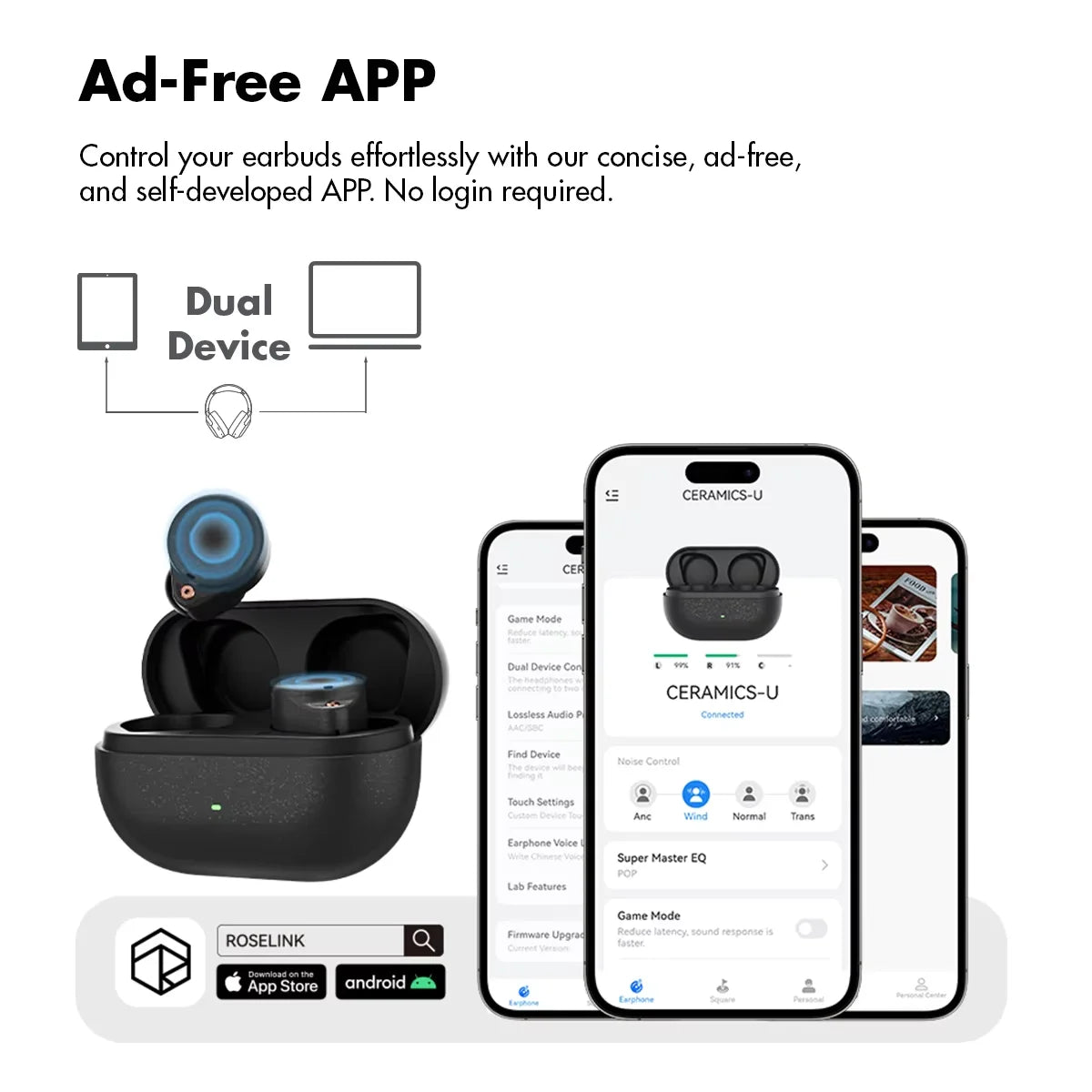 ROSESELSA Ceramics Ultra True Wireless Earbuds, 50dB Hybrid ANC Earphones,4 Mic AI Call, Hi-Res LDAC/LHDC Audio, HR+ Planck Driv