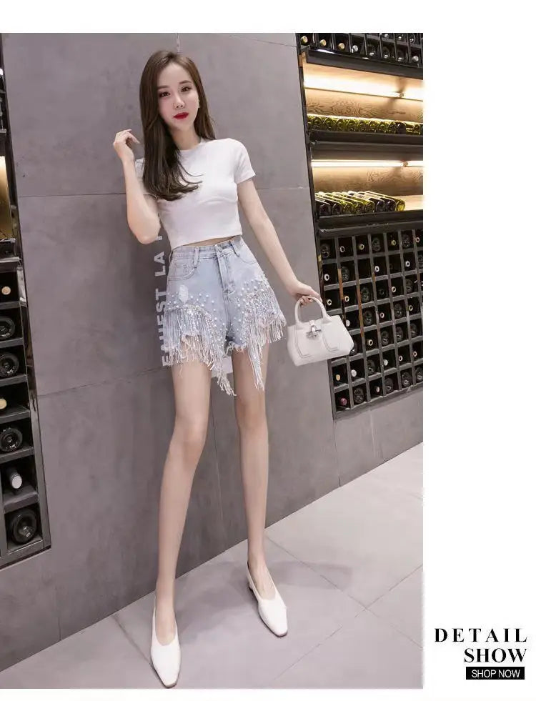 Summer New Style Personalized Denim Shorts for Women Internet Celebrity High Waist Diamond Sequins