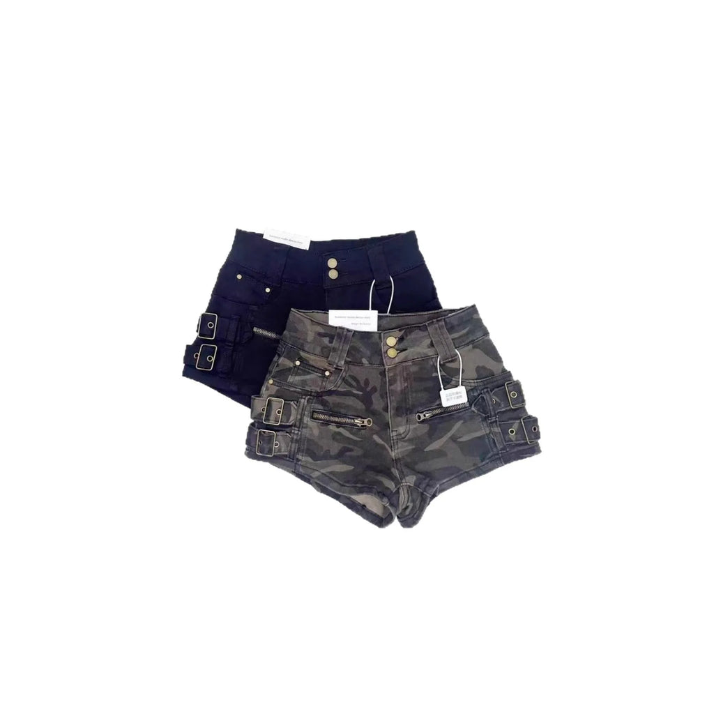 American High Street Camo Cargo Denim Shorts Women High Waist Hip Lifting Fashion Casual Hot Pants