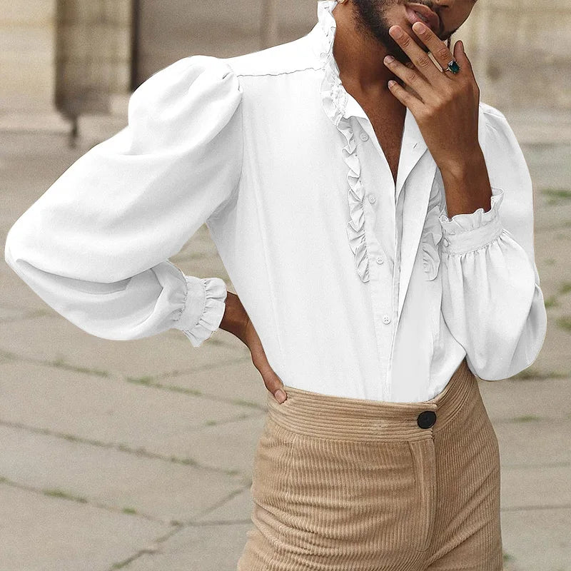 INCERUN 2024 Men Shirt Stand Collar Solid Color Ruffle Long Sleeve Casual Men Clothing Streetwear Elegant Fashion Camisas S-5XL