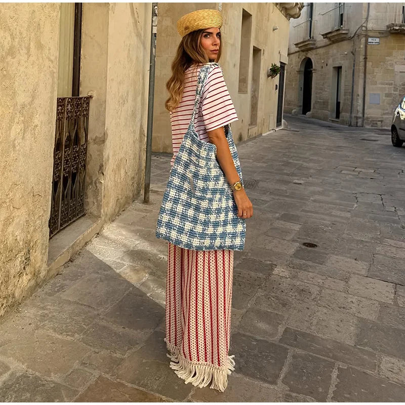 Halter Vertical Striped Fringe Two Piece Set Sleeveless Tank Top Loose Wide Leg Pants Women 2026 Summer Holiday Beach Chic Suit