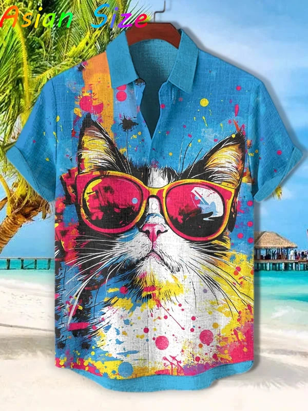 Funny Animal Cat Hawaiian Shirts Men Women Sunglass Raccoon Shirt New Button Down Tropical Beach Party 2026 Blouses Aloha Shirt