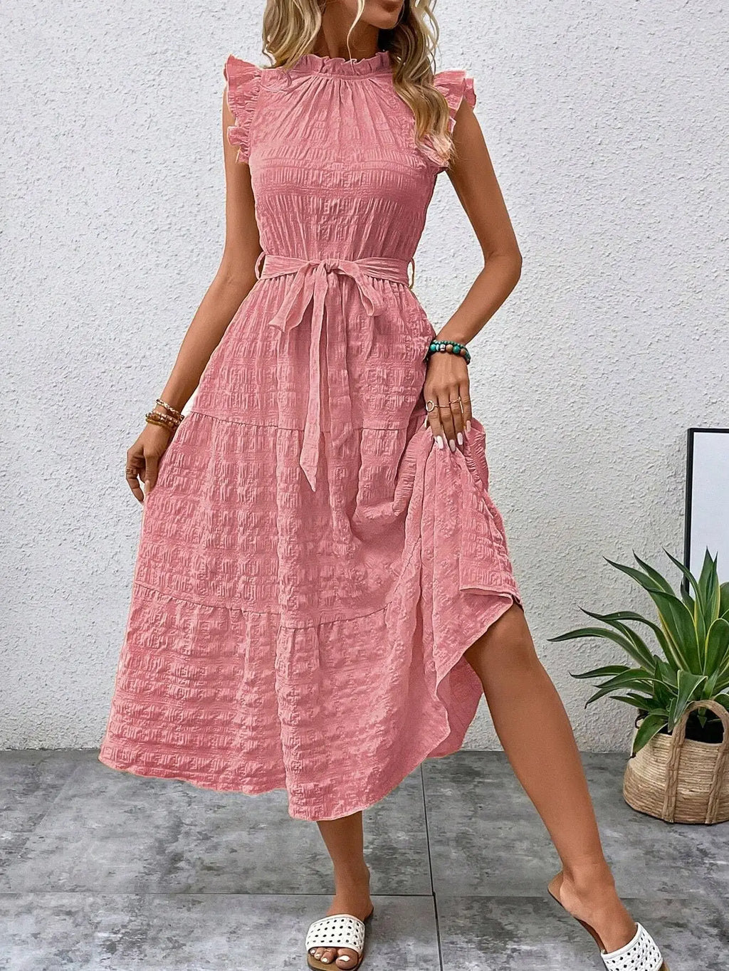 Elegant Women's Summer New Fashion Wooden Ear Edge Flying Sleeve Lace Up Texture Dress Purple  Sleeveless Lace Up Long Dresses