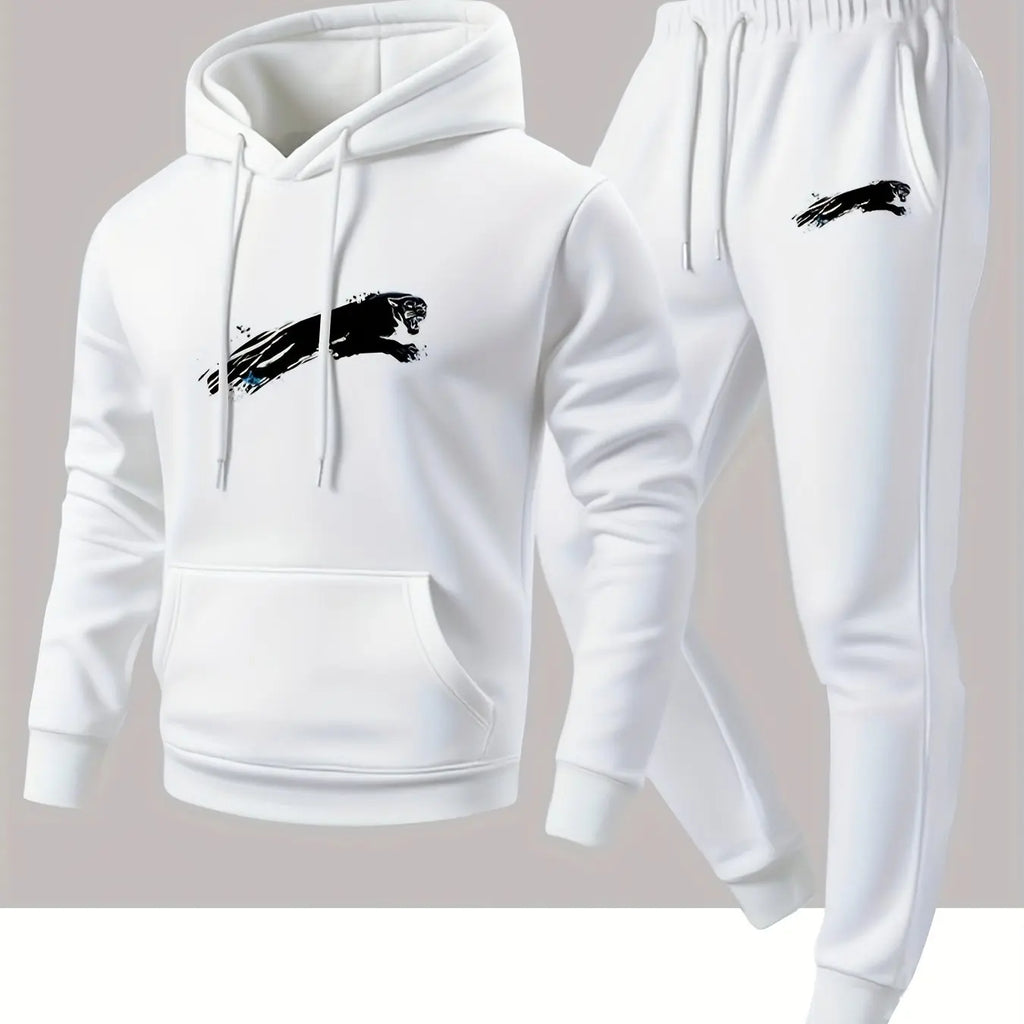 Men's street‑style black panther print hooded sweatshirt and jogging pants set - a comfortable and casual sports outfit
