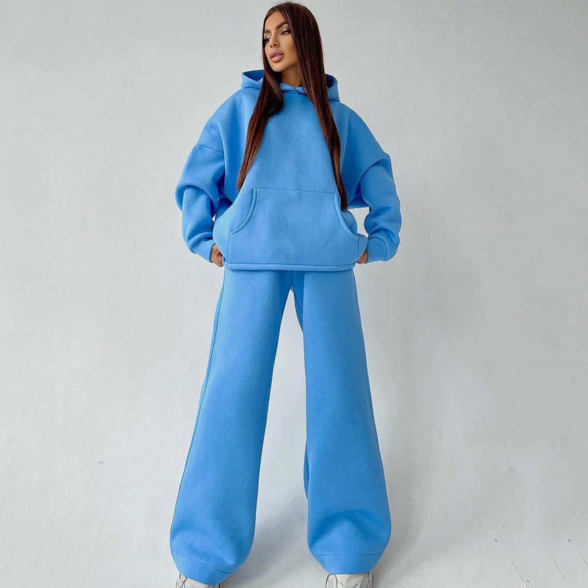 Woman's Solid Color Hooded Sweatshirt Pant Two-piece Set Fashion Long Sleeves Pocket Pullovers Pants Suits Ladies Loose Outfit