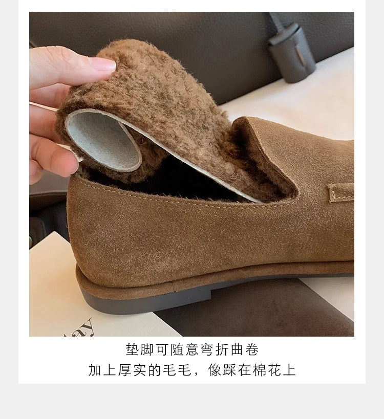 New Suede Leather Loafers Woman Round Toe Slip-on Casual Flat Shoes Wool Warm Winter Shoes Outdoors Walk Shoes Women