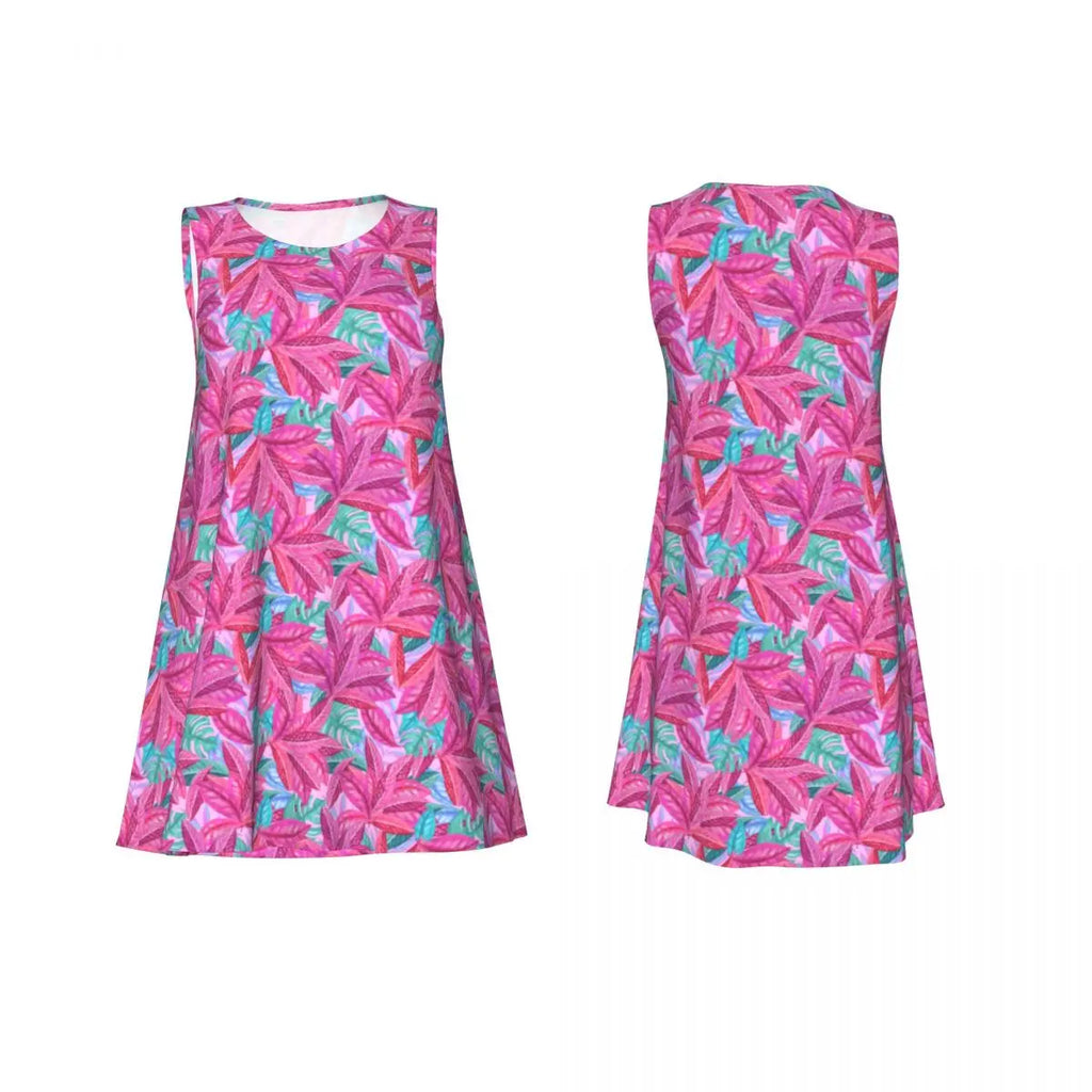 Cute Beach Leaf Tank Dress Pink Leaves Print Sleeveless Modern Dresses Women O Neck Simple Dress Day Pattern Clothes Gift Idea